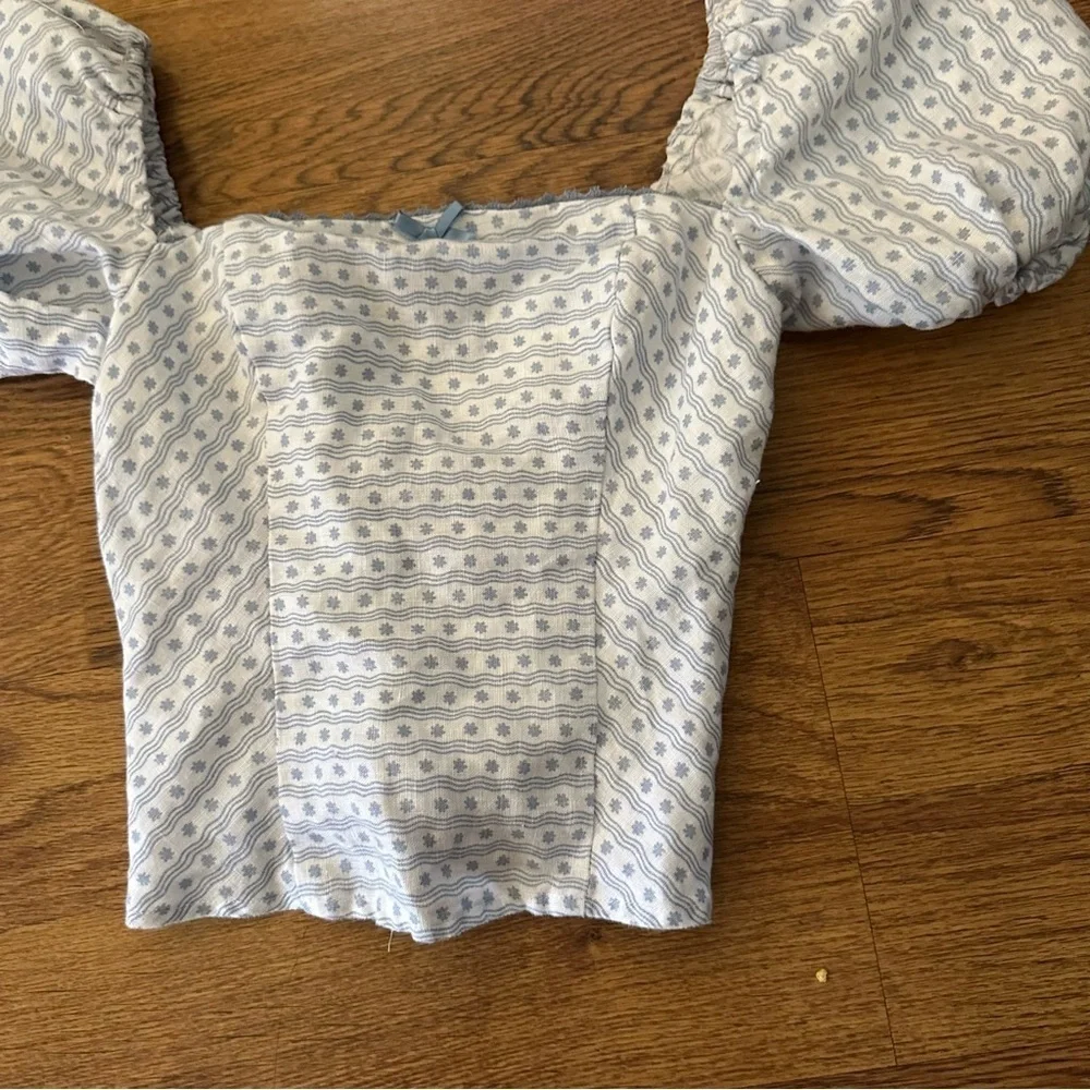 Reformation blue white Puff Sleeve Patterned lined Top square neckline size 0